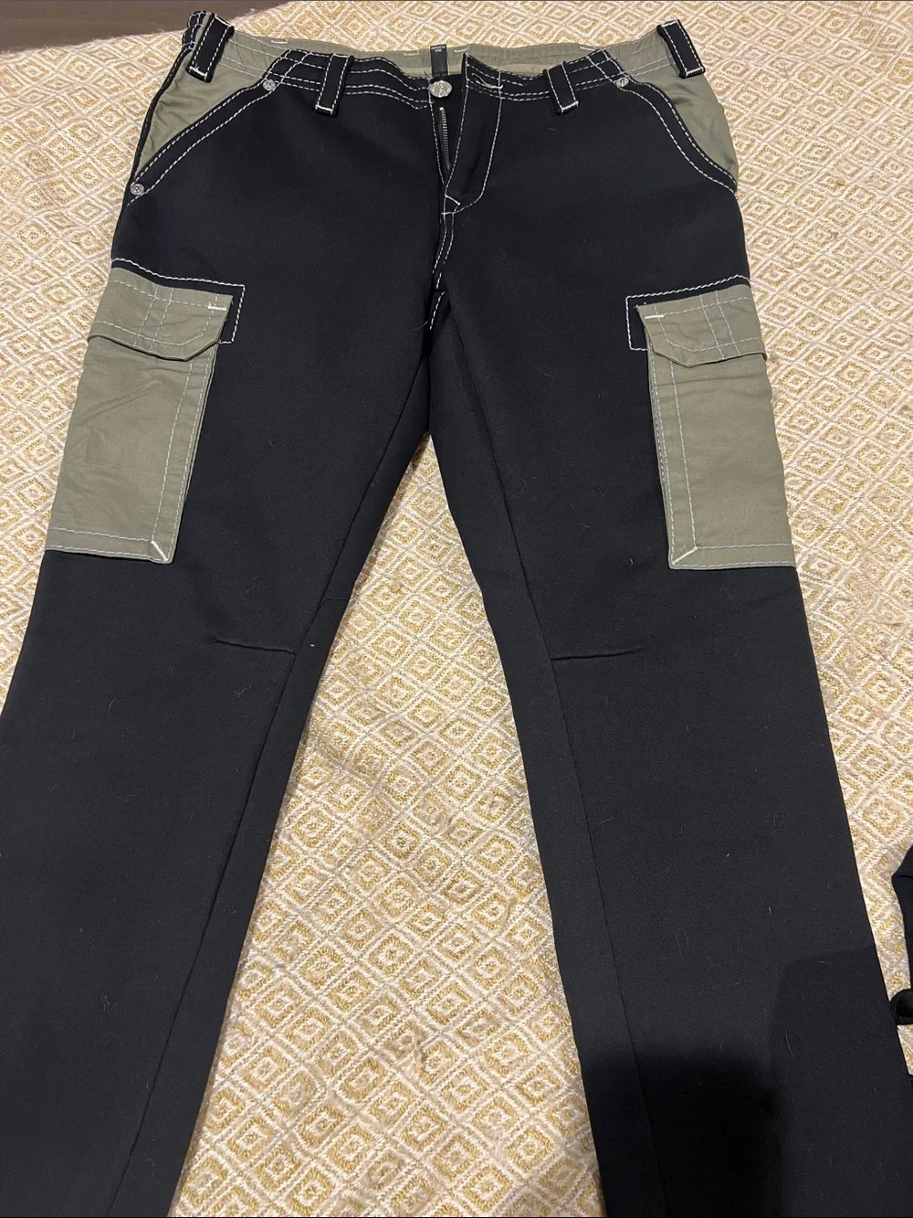 True Religion Black Cargo Pants with Olive Patch Pockets
